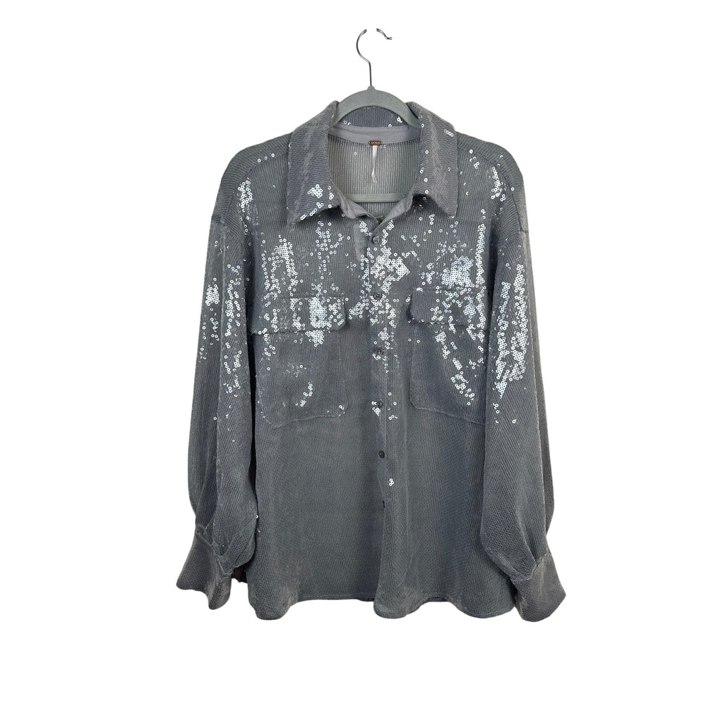 Free People Sequin Button Down Women M Carbon Grey NWT Oversized Glam Shirt
